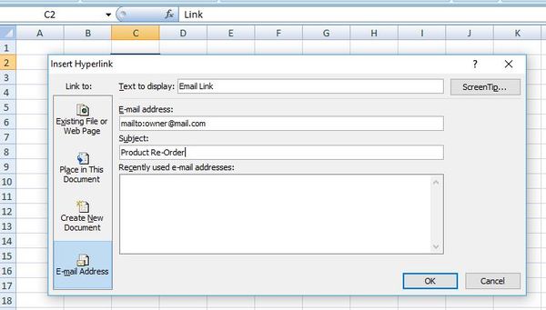 Insert hyperlink box in excel.